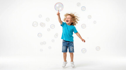 Fototapeta premium Happy boy jumping and catching bubbles with a smile on his face, enjoying childhood fun outdoors