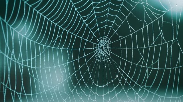 Spiderweb stretches across the dark garden space with intricate silk patterns capturing light in the morning while delicate threads hang suspended in the air to signify patience and natural beauty.