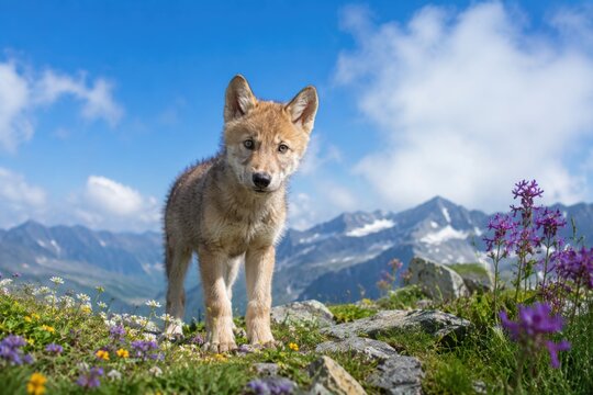 Young wolf pup standing in alpine meadow with mountains under blue sky.