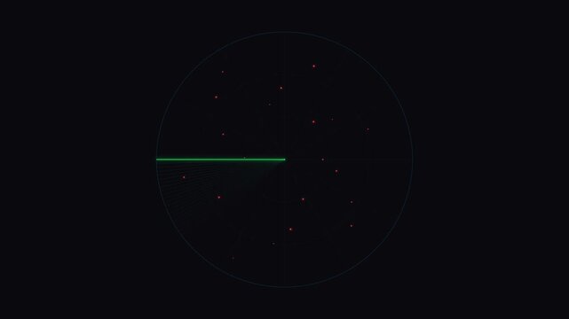 Digital radar screen display with scanning line and detected objects on black background.