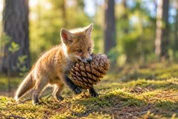 Naklejka premium Cute red fox cub carrying pinecone in mouth while walking in pine forest.