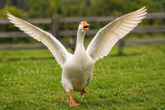 White domestic goose flapping and spreading wide wings in green grass paddock.