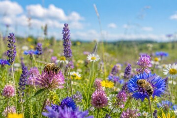 Obraz premium Vibrant summer wildflower meadow with lavender clover and foraging honeybees.