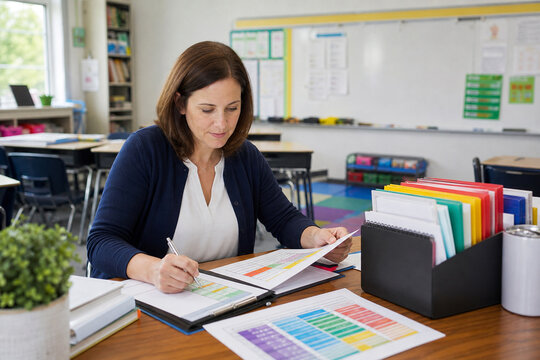 Teacher reviews student learning progress using assessment charts, classroom records, and organized educational tracking documents.