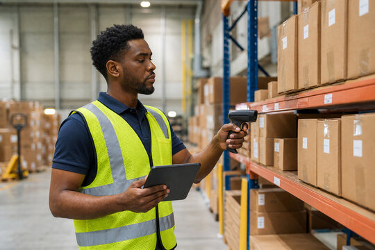 Warehouse worker scans labeled boxes with a handheld barcode reader and tablet to manage inventory accurately and efficiently.