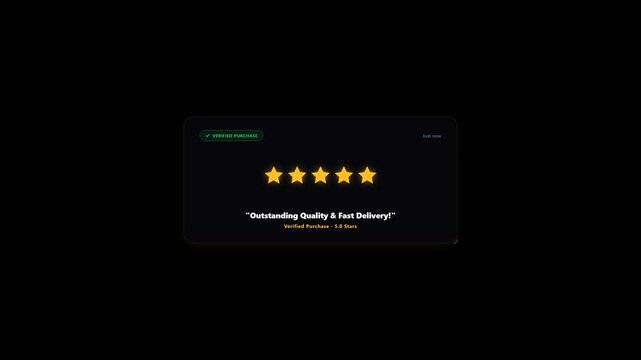 Five star customer review card with positive feedback on a dark background.