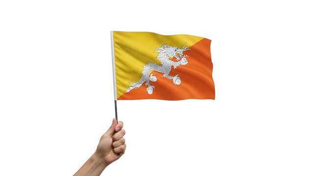 Hand holding and waving the national flag of Bhutan on a stick isolated on transparent background