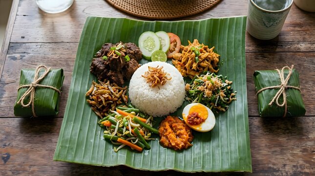 Traditional Nasi Campur Bali on banana leaf, authentic Indonesian rice dish with side dishes, rustic Balinese cuisine on wooden table