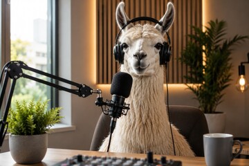 Obraz premium Llama Podcaster talking into microphone with headphones in studio