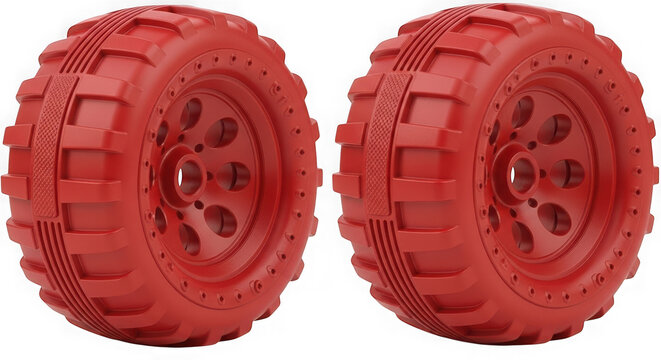 Two bright red toy car wheels with chunky rubber tread pattern isolated on transparent background