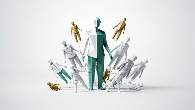 Low poly conceptual art of a central figure with many floating puppets