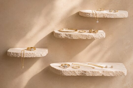 Floating stone shelves displaying gold jewelry collection on wall with shadow