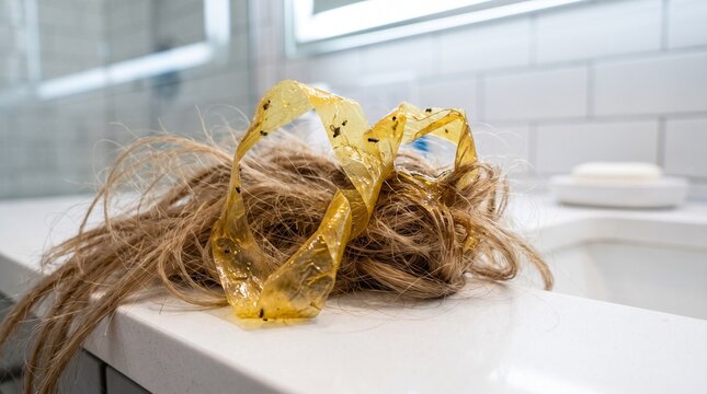 Clogged bathroom sink drain with hair and yellow tape. Messy hairball on white counter.