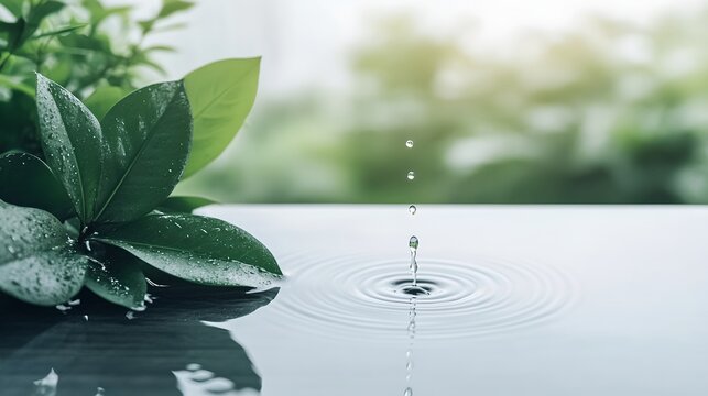 A close-up shot of green leaves with water droplets, as a single drop of water falls into the calm surface, creating ripples