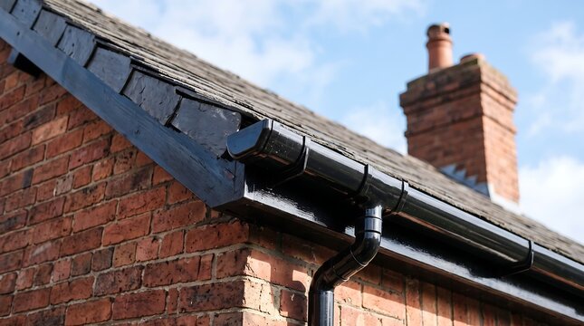 Low-angle close-up view of modern black gutters and downspouts installed on the roof edge of a traditional red brick house under a blue sky with sunny light.