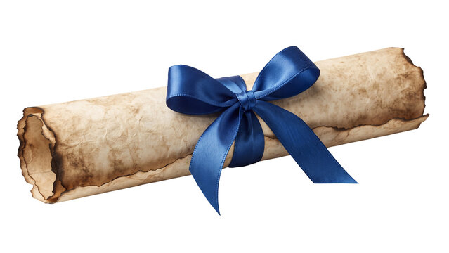 Rolled parchment scroll tied with a blue satin ribbon, isolated on transparent background