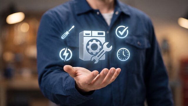 Appliance repair service platform, technician holding washing machine icon with screwdriver, gear, wrench, power and timer icons for home maintenance and equipment service management