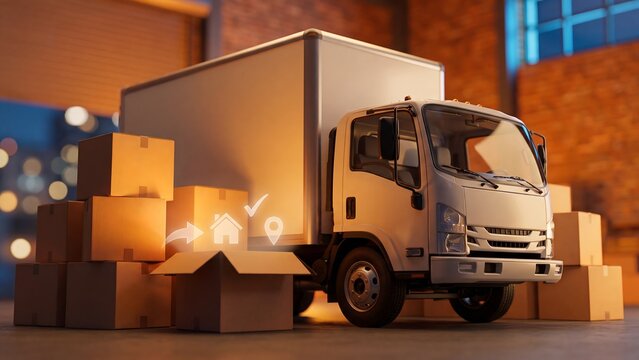 Moving relocation service platform, delivery truck with cardboard boxes and house destination, location pin and approval icons for residential moving, logistics and transportation management