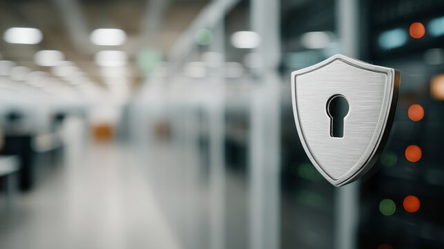 A silver shield with a keyhole emblem, symbolizing security and protection, stands in front of a blurred server room background, representing data safety and digital privacy