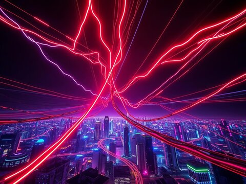 A network of radiant cables snakes across the sky, their energy a symphony of color against the dark, futuristic sprawl,  sprawl,  artistic