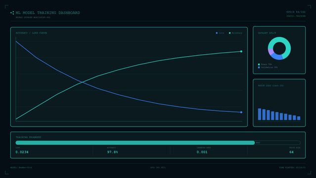 Futuristic dashboard showing training graphs, accuracy curves and data nodes for ML models