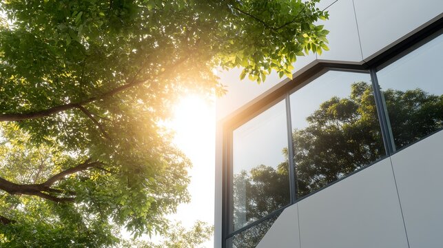 Sunlight shining through the leaves of a green tree, with reflections in the window of a modern building, symbolizing sustainability and eco-friendly design