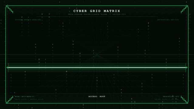 Green digital matrix grid lines with glowing scan effect on dark background