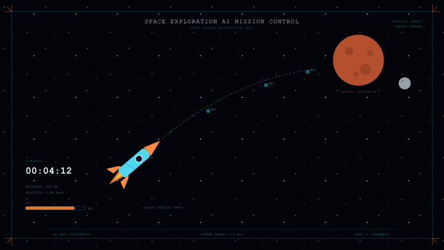 Rocket and planet icons with mission control HUD readouts and star field background