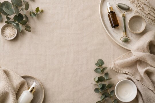 Aesthetic luxury beauty and skincare collection with makeup perfume serum jade roller brushes candle and flowers on beige linen fabric
