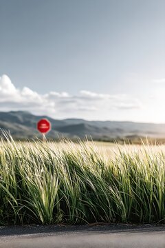A red stop sign stands isolated in a field of tall green grass with mountains in the distance under a clear blue sky.