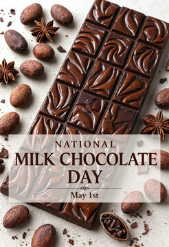 Delicious milk chocolate bar with cocoa beans and star anise on rustic surface for celebration