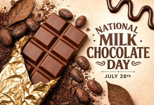 Delicious milk chocolate bar with cocoa beans celebrating national chocolate day event