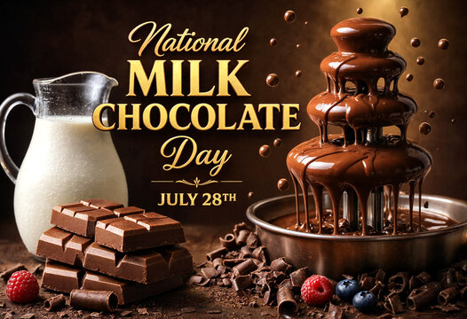 Delicious milk chocolate fountain with fresh berries and chocolate bars celebration display