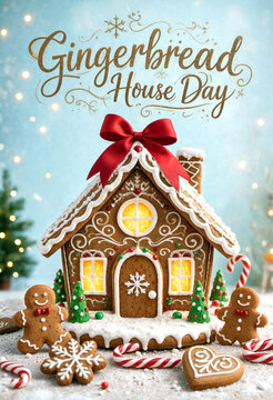 Festive gingerbread house with cookies and candy canes for gingerbread house day celebration scene