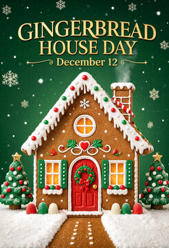 Festive gingerbread house with holiday decorations and christmas trees for gingerbread house day celebration