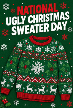 Festive green ugly christmas sweater with reindeer and snowflakes for holiday celebration event poster design