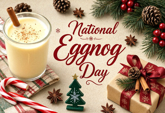 Festive national eggnog day celebration with holiday decorations and wrapped gifts around