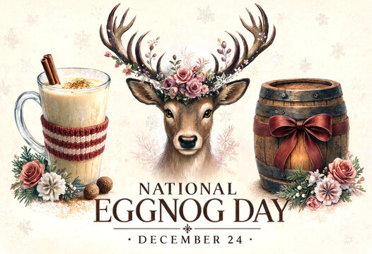 Festive national eggnog day celebration with deer flowers mug and barrel illustration for holidays