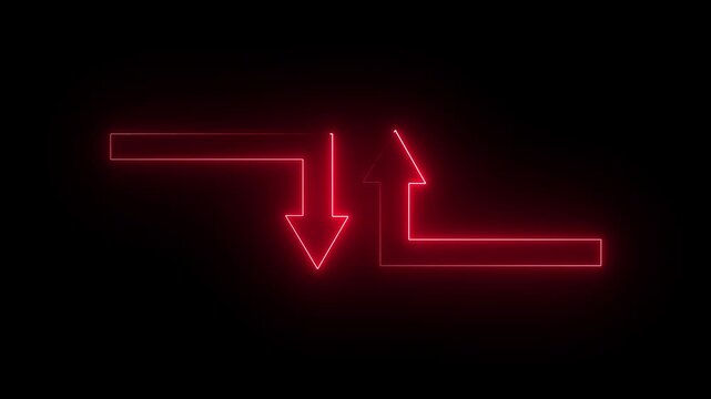 Glowing neon red color direction up and down arrow icon animation road signal information position sign symbol on black background. 4k animation.
