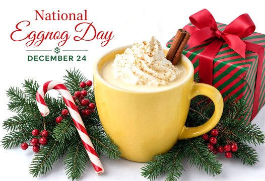 Festive yellow cup of eggnog with whipped cream and cinnamon for national eggnog day celebration