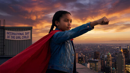 Fototapeta premium Young girl in red cape overlooking city skyline at sunset.