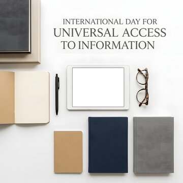International day for universal access to information with office desk supplies flat lay