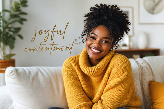 A smiling young Black woman in a yellow sweater sits on a light-colored sofa with text overlay.