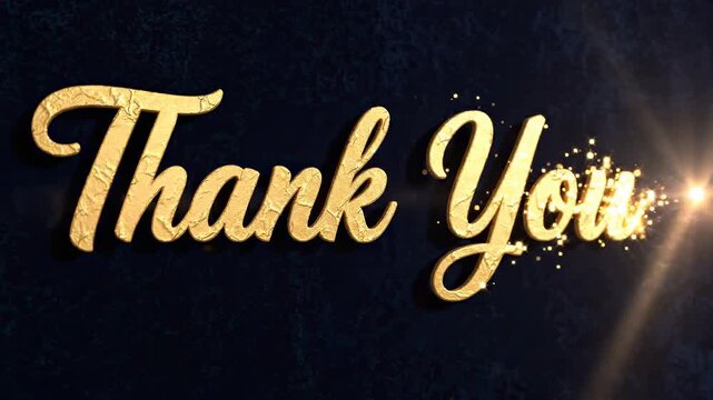 Elegant gold glitter Thank You text message with sparkling light effects on dark textured background