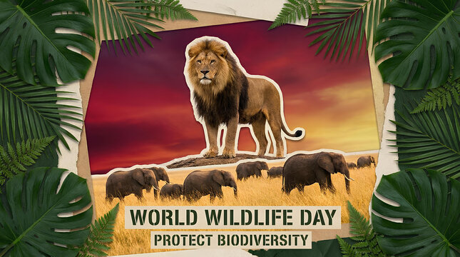 World Wildlife Day poster featuring lion and elephant herd.