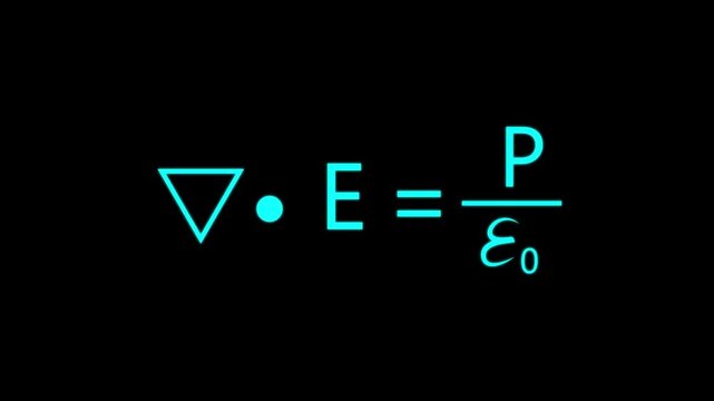 cyan Gauss's Law Formula for Electric Flux Density, Electromagnetism Physics Equation, Educational Science Motion Graphics on Black Background.