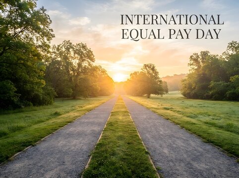 International equal pay day text overlay on a beautiful nature road at sunset scenery