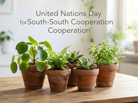 Small green house plants in clay pots on a wooden table for united nations day event