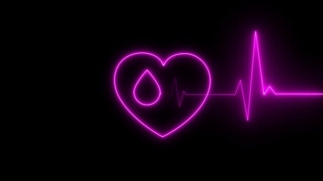 Red Neon Glowing Heart with Blood Drop and EKG Pulse Line Animation, black background..