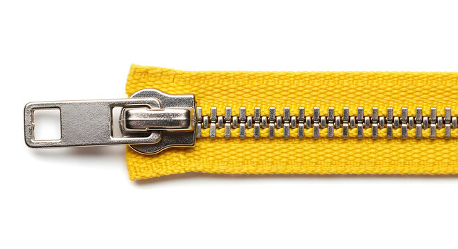 Yellow zipper with metal teeth and pull tab isolated on white background